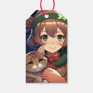 Süßes Anime-Mädchen hält ein Kätzchen zu Weihnacht Geschenkanhänger
