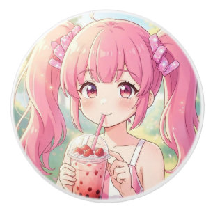 Süßes Anime-Mädchen in Rosa trinkt Bubble Tea Keramikknauf
