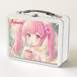 Süßes Anime-Mädchen in Rosa trinkt Bubble Tea Metall Brotdose
