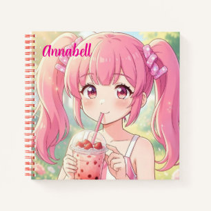 Süßes Anime-Mädchen in Rosa trinkt Bubble Tea Notizbuch