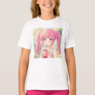 Süßes Anime-Mädchen in Rosa trinkt Bubble Tea T-Shirt
