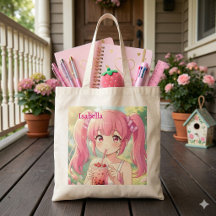 Süßes Anime-Mädchen in Rosa trinkt Bubble Tea