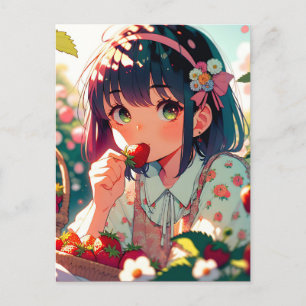 Süßes Anime-Mädchen isst Erdbeeren   Postkarte