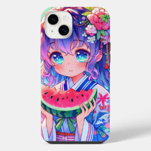 Süßes Anime-Mädchen isst Wassermelone an einem Som iPhone 14 Plus Hülle