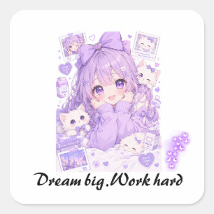 Süßes Anime-Mädchen Lila Ästhetik Motivations-Post Quadratischer Aufkleber