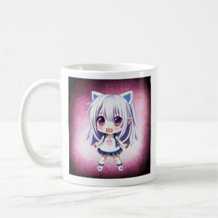 Süßes Anime-Mädchen mit Kaffee-Pun Latte Kaffeetasse