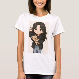 Süßes Anime-Mädchen mit Teddybär-Friedenszeichen-T T-Shirt