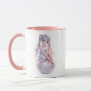 Süßes Anime-Mädchen sitzt Tasse