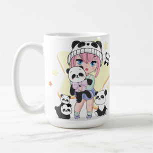 Süßes Anime-Mädchen umgeben von Panda-Spielzeugen Kaffeetasse