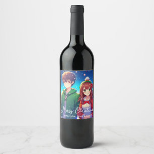 Süßes Anime-Paar Frohe Weihnachten Weinetikett