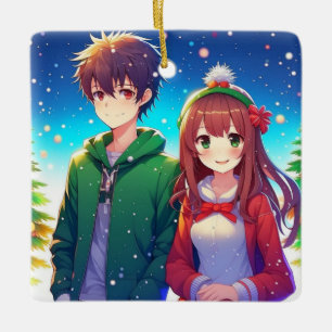 Süßes Anime-Paar Weihnachten Keramikornament