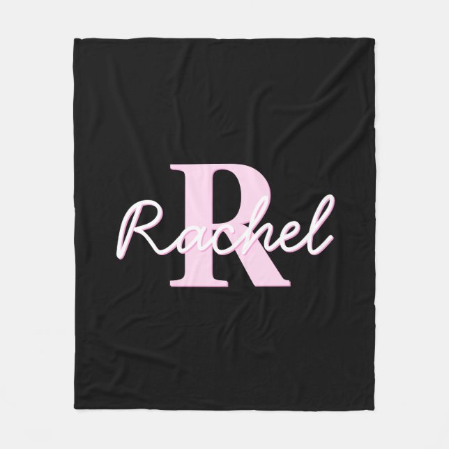Süßes anpassbares Monogramm | Hellrosa & Schwarz Fleecedecke (Vorderseite)