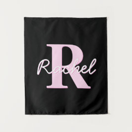 Süßes anpassbares Monogramm | Hellrosa und Schwarz Wandteppich