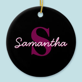 Süßes anpassbares rosa & schwarzes Monogramm Schri Keramik Ornament