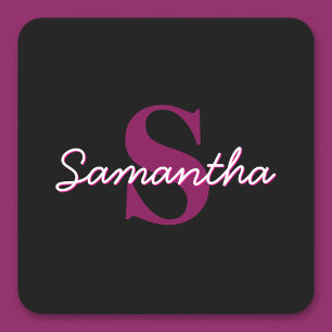Süßes anpassbares rosa & schwarzes Monogramm Schri Quadratischer Aufkleber