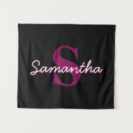 Süßes anpassbares rosa & schwarzes Monogramm Schri Wandteppich