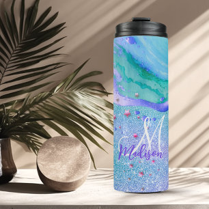 Süßes Aqua-Glitter-Lila-Marbel-Kunst-Monogramm Thermosbecher