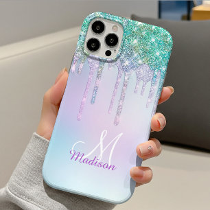 Süßes Aqua Türkis Einhorn Glitter Tropfen Monogram Case-Mate iPhone Hülle