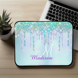 Süßes Aqua Türkis Einhorn Glitter Tropfen Monogram Laptopschutzhülle