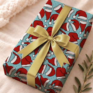 Süßes aquablaues Retro-Weihnachtsmannmützen-Muster Geschenkpapier