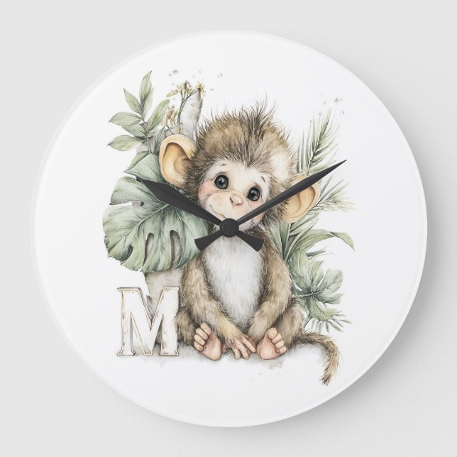Süßes Aquarell-Baby-Tier-Alphabet-Affe Große Wanduhr (Vorderseite)