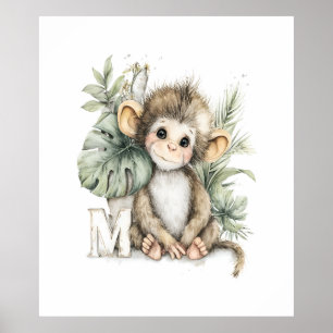 Süßes Aquarell-Baby-Tier-Alphabet Affe Poster