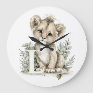 Süßes Aquarell-Baby-Tier-Alphabet Löwe Große Wanduhr