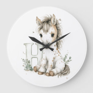 Süßes Aquarell-Baby-Tier-Alphabet Pferd Große Wanduhr