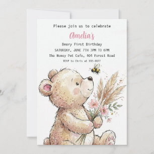 Süßes Aquarell-Bär-Mädchen-Geburtstag Einladung
