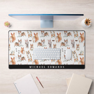 Süßes Aquarell-Corgi-Hund-Muster-Monogramm Schreibtischunterlage