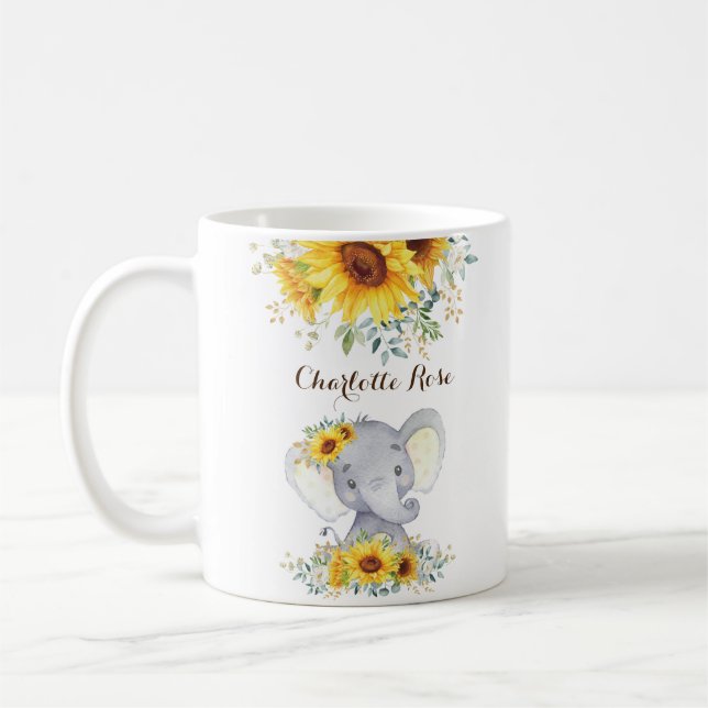 Süßes Baby Elephant Boho Wasserfarbe Sonnenblumen Kaffeetasse (Links)