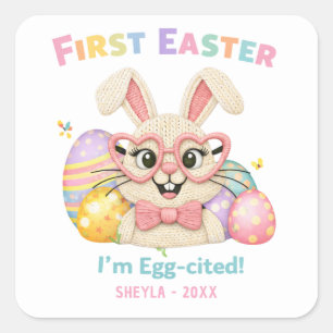 Süßes Baby erstes Ostern Ei-aufgeregtes Kaninchen Quadratischer Aufkleber