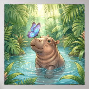 Süßes Baby-Flusspferd mit Schmetterling Dschungel- Poster