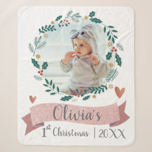 Süßes Baby-Foto Erstes Weihnachten Rosa Herz Kranz Sherpadecke