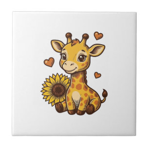 Süßes Baby-Giraffen-Sonnenblumen-Vintage-Stich-T-S Fliese
