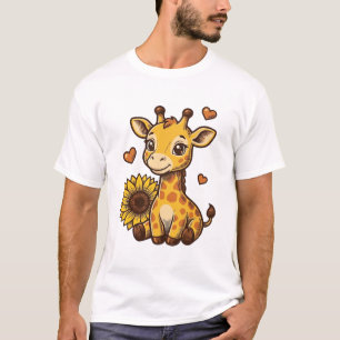 Süßes Baby-Giraffen-Sonnenblumen-Vintage-Stickerei T-Shirt