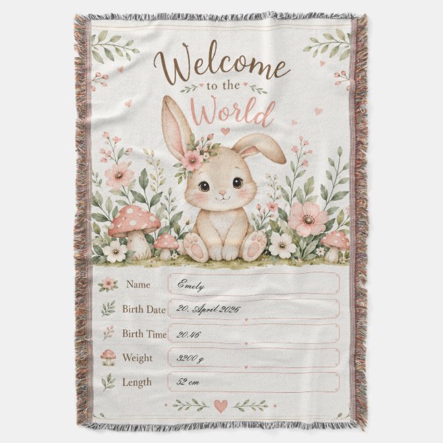 Süßes Baby Hasen Design mit Geburtsdaten Feldern Decke (Vorderseite Vertikal)