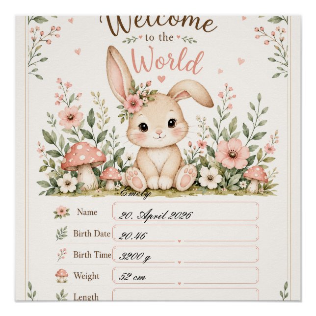 Süßes Baby Hasen Design mit Geburtsdaten Feldern Poster (Vorderseite)