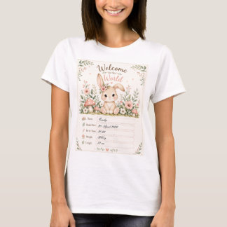 Süßes Baby Hasen Design mit Geburtsdaten Feldern T-Shirt