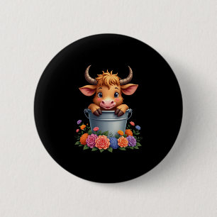 Süßes Baby Highland-Kuh Mit Blumen Kalb Tier co Button