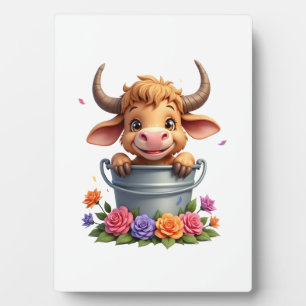 Süßes Baby Highland-Kuh Mit Blumen Kalb Tier co Fotoplatte