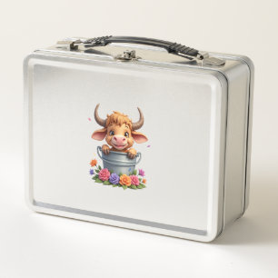 Süßes Baby Highland-Kuh Mit Blumen Kalb Tier co Metall Brotdose