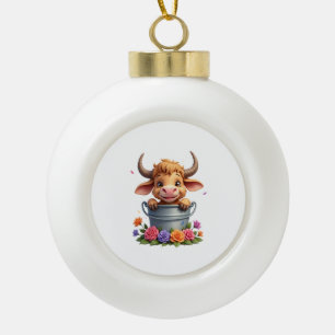 Süßes Baby Highland-Kuh Mit Blumen Kalb Tier ko Keramik Kugel-Ornament