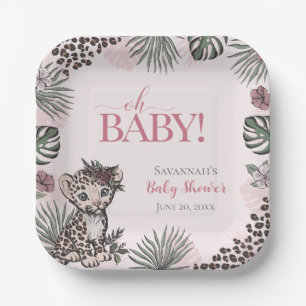 Süßes Baby Mädchen Leopard Jungtier Rosa Babyparty Pappteller