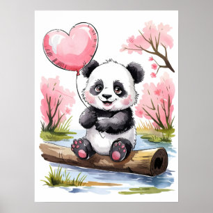 Süßes Baby-Panda mit Herzballon - Aquarell Poster
