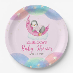 Süßes Baby Pinguin Rosa Baby Shower Pappteller