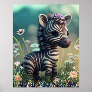 Süßes Baby-Zebra im Blumengarten Kunstkinderzimmer Poster