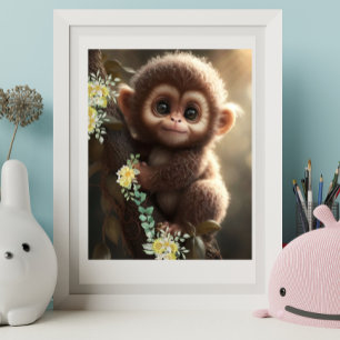 Süßes Babyäffchen sitzt auf einem Baum mit gelben  Poster