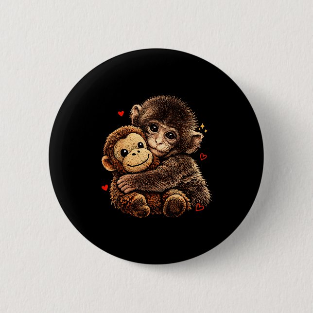 Süßes Babyäffchen umarmt Plüschbären-Tierdollen Button (Vorderseite)