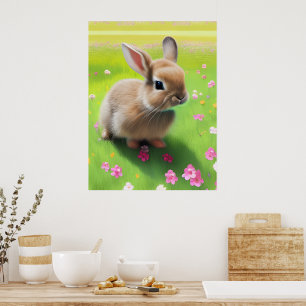 Süßes Babykaninchen auf einer Blumenwiese  Poster